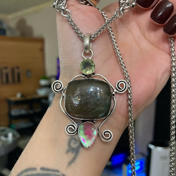 Flash iridescent grey green labradorite yellow citrine iridescent stone necklace - Picture 10 of 16